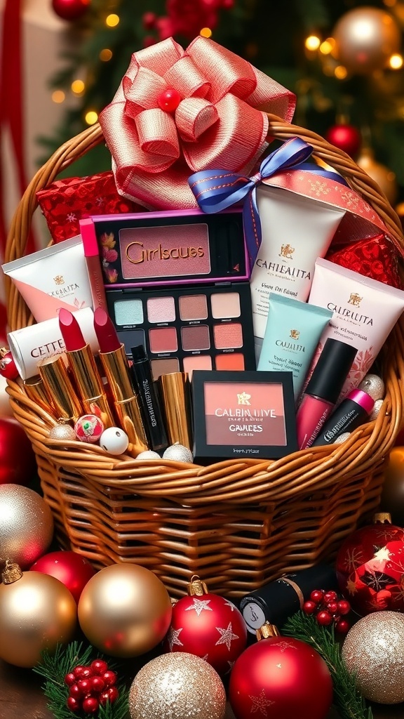 A colorful Christmas makeup gift basket with cosmetics and skincare products, adorned with a festive ribbon.